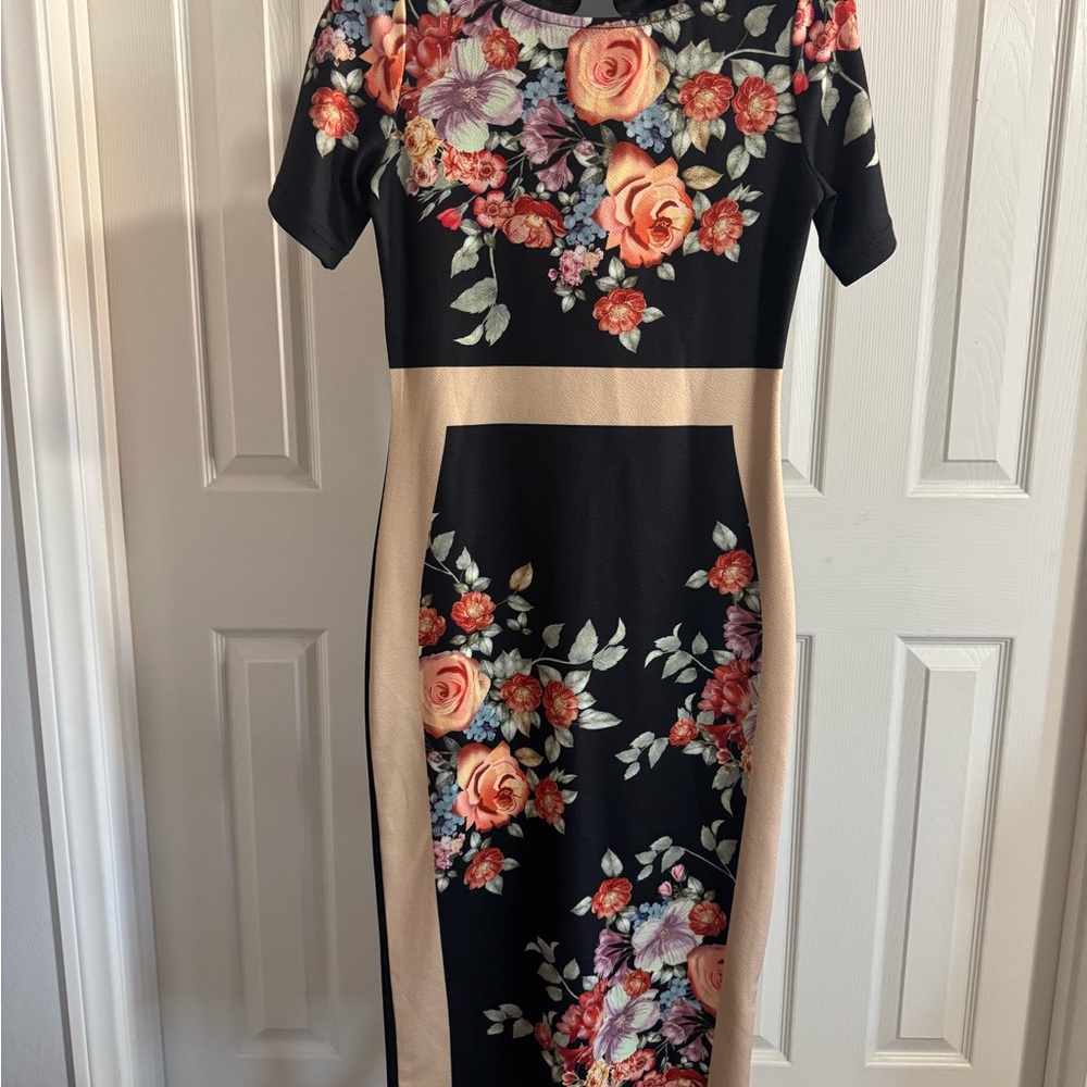 SHEIN Black and Cream Floral Midi Dress